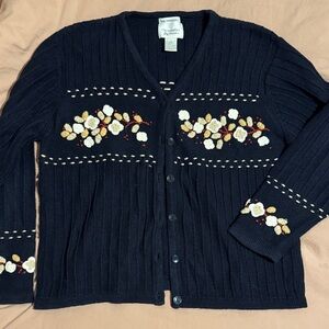 Christopher & Banks Hand Embroidered Navy Cardigan with Floral Accents Large